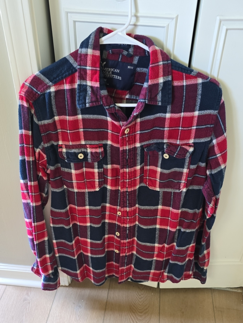 American Eagle Outfitters Red & Navy Plaid Button-Up Shirt